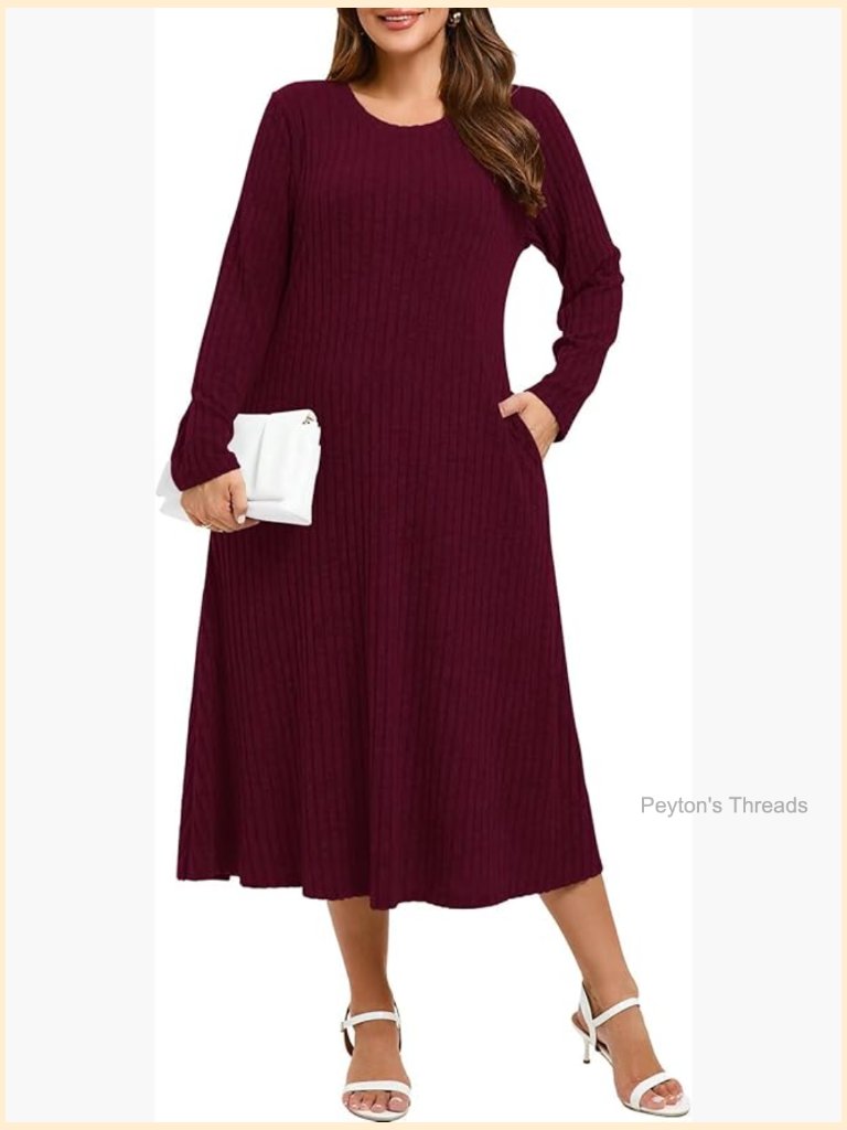 Plus Size Crew Neck Long Sleeve Maxi Dress With Pockets